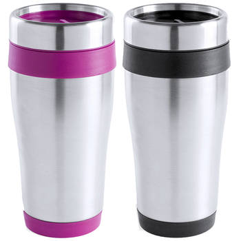Warmhoudbekers/thermos isoleer koffiebekers/mokken - 2x stuks - RVS - zwart en roze - 450 ml - Thermosbeker