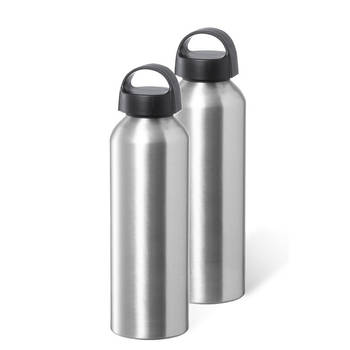 Bellatio Design Waterfles/drinkfles/sportfles - 2x - metallic zilver - aluminium - 800 ml - schroefdop - Drinkflessen