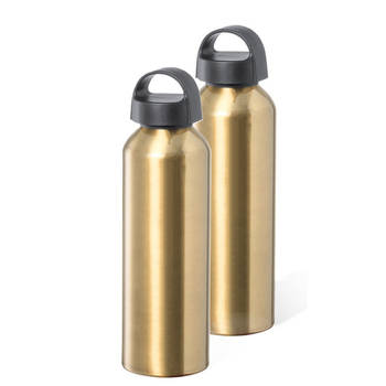 Bellatio Design Waterfles/drinkfles/sportfles - 2x - metallic goud - aluminium - 800 ml - schroefdop - Drinkflessen