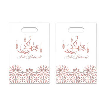 18x stuks Ramadan Mubarak thema feestzakjes/uitdeelzakjes wit/rose goud 23 x 17 cm - Uitdeelzakjes