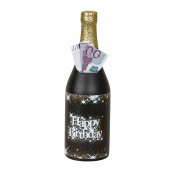 Spaarpot voor volwassenen - wijnfles/champagnefles - Happy Birthday - H31 x B10 cm - Spaarpotten