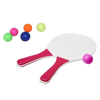 Beachball set wit/roze - hout - 6x multi kleur balletjes - rubber - strandbal speelset - Beachballsets