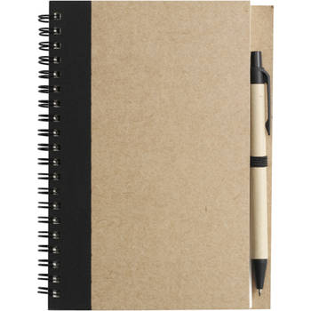 Notitie/opschrijf boekje met balpen - harde kaft - beige/zwart - 18x13cm - 60blz gelinieerd - Notitieboek