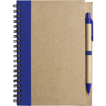 Notitie/opschrijf boekje met balpen - harde kaft - beige/blauw - 18x13cm - 60blz gelinieerd - Notitieboek