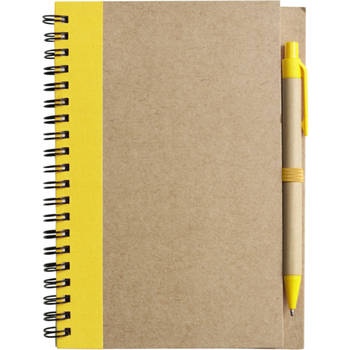 Notitie/opschrijf boekje met balpen - harde kaft - beige/geel - 18x13cm - 60blz gelinieerd - Notitieboek