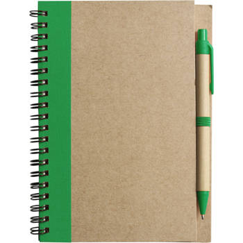 Notitie/opschrijf boekje met balpen - harde kaft - beige/groen - 18x13cm - 60blz gelinieerd - Notitieboek