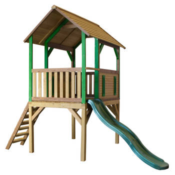 AXI Bogo Speelhuis op palen & groene glijbaan Speelhuisje voor de tuin / buiten in bruin & groen van FSC hout