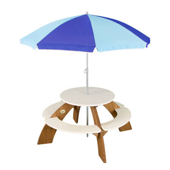 AXI Orion Picknicktafel voor kinderen met parasol Ronde Picknick set voor kind van hout in bruin & wit