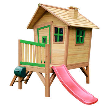 AXI Robin Speelhuis op palen & rode glijbaan Speelhuisje voor de tuin / buiten in bruin & groen van FSC hout