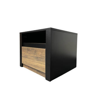 Nachtkastje Nero - modern design - met lade- open vak - zwart/eiken- black/oak- 50 x 46 x 40cm