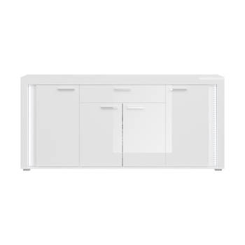 Skylight dressoir 4 deuren, 1 lade met licht hoog glans wit,glas grijs,wit.