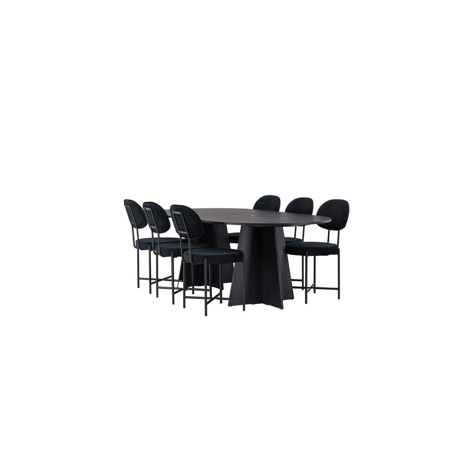 Bootcut eethoek tafel zwart en 6 Stella stoelen zwart.