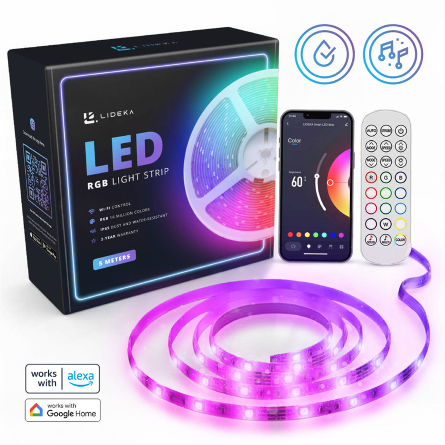 Lideka® Slimme LED Strip van 5 Meter - Hoogste Helderheid - Makkelijke Installatie - Met Muziek Optie - 16 Miljoen Kleuren - 2 Jaar Garantie - Google en Alexa Compatibel - Compleet