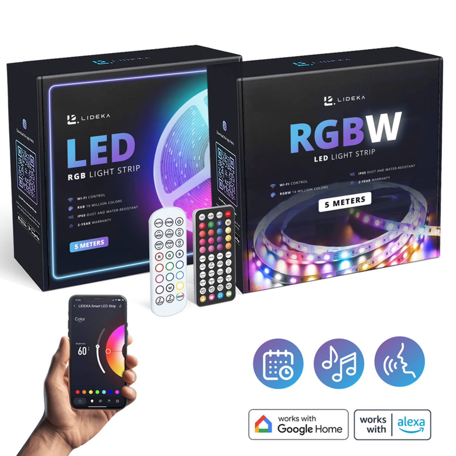 Lideka® - RGB LED Strip 5 Meter + RGBW LED Strip Warm en Koud Wit 5 Meter - Zelfklevend met afstandsbediening En App - Smart LED Strip - Compatible met Google Home, Amazon Alexa En