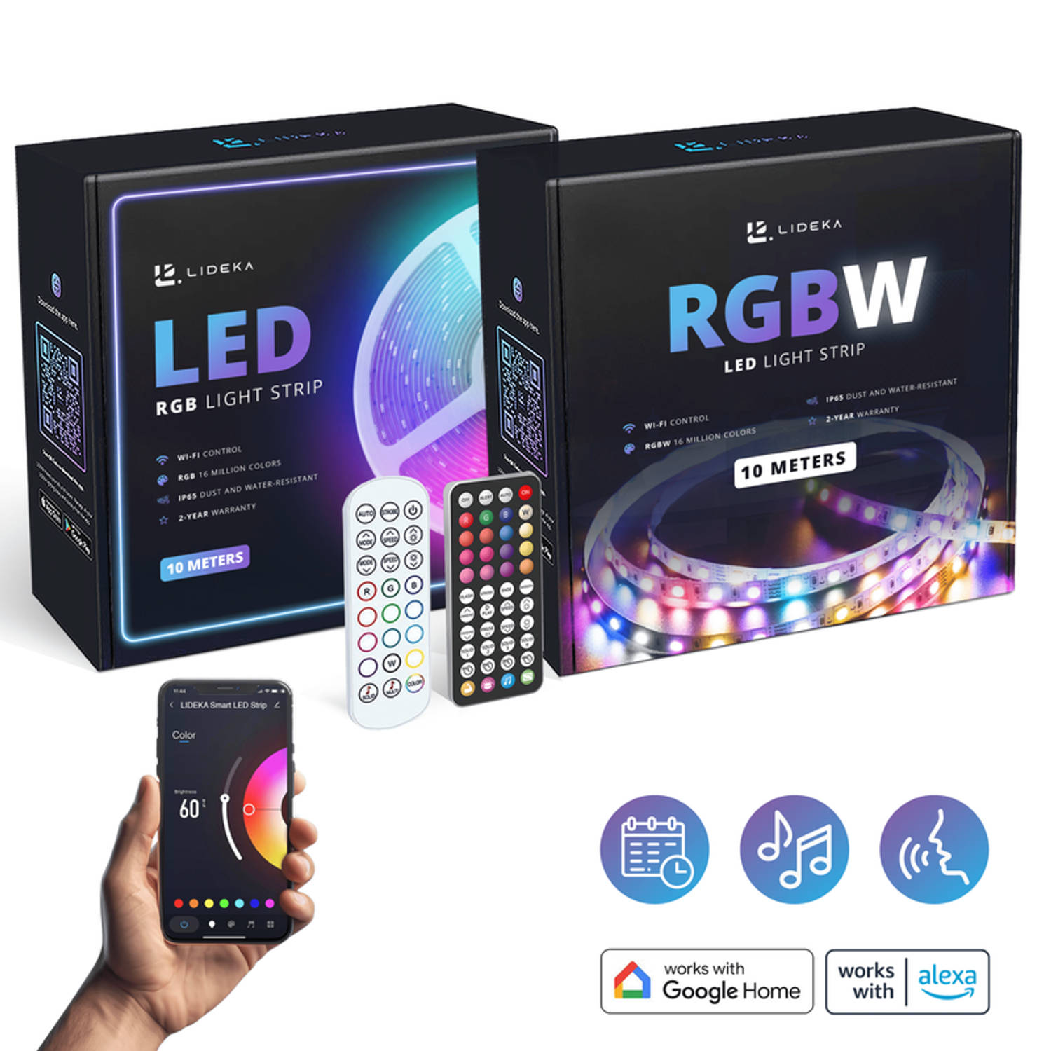 Lideka® - RGB LED Strip 10 Meter + RGBW LED Strip Warm en Koud Wit 10 Meter - Zelfklevend met afstandsbediening En App - Smart LED Strip - Compatible met Google Home, Amazon Alexa
