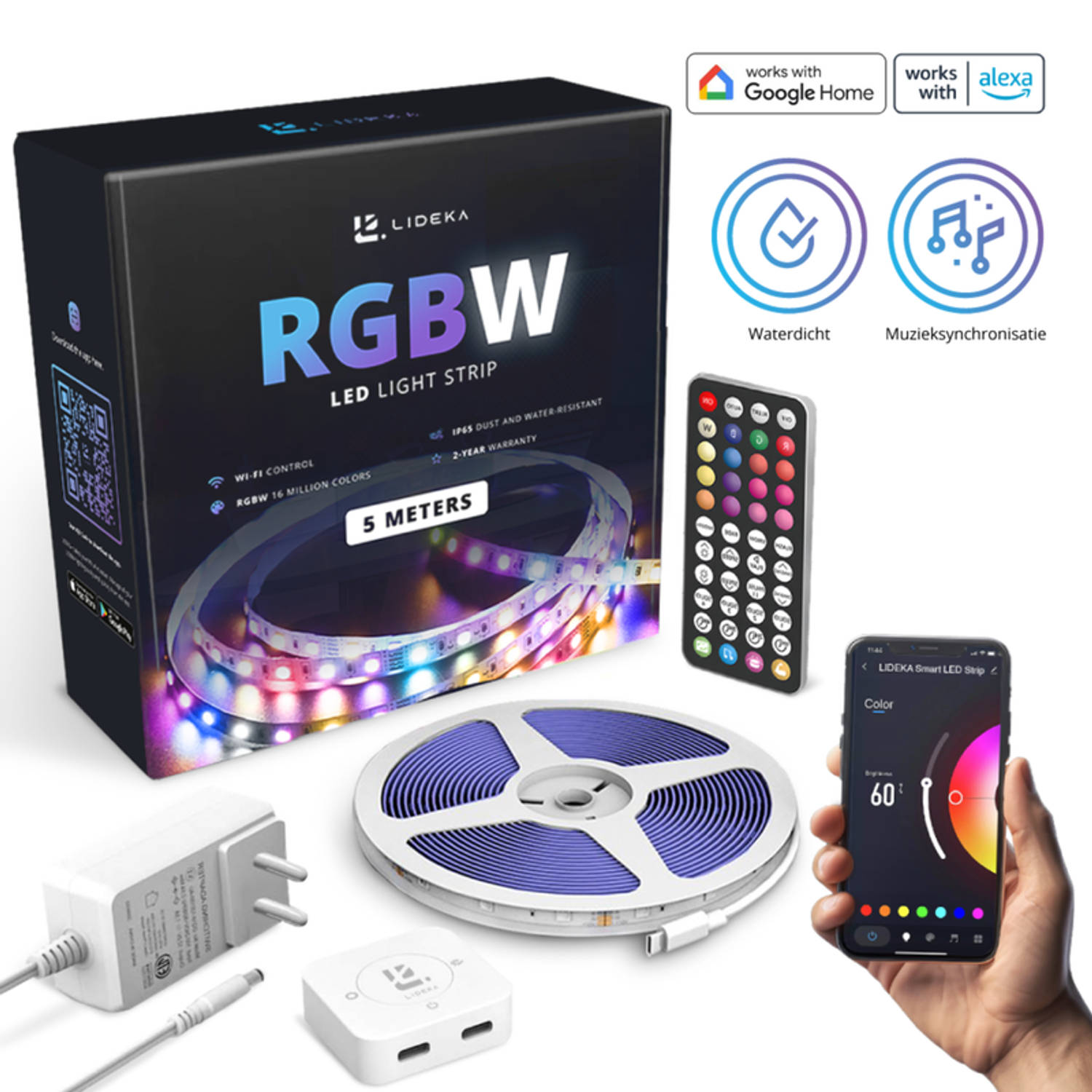 Lideka® - RGBW LED Strip 5 Warm en Koud Wit Meter - Zelfklevend met afstandsbediening En App - Smart LED Strip - Compatible met Google Home, Amazon Alexa En Siri