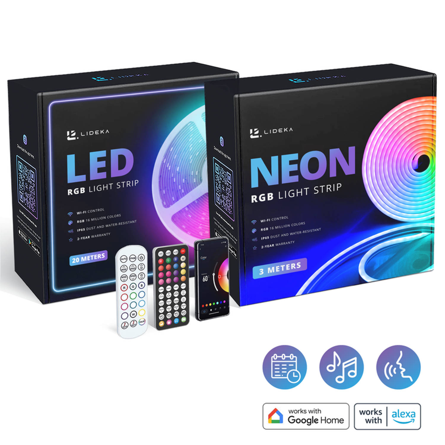 Lideka® - NEON RGB LED Strip 3 Meter + RGB LED Strip 20 Meter - IP68 Voor Buiten - Zelfklevend met afstandsbediening En App - Smart LED Strip - Compatible met Google Home, Amazon A