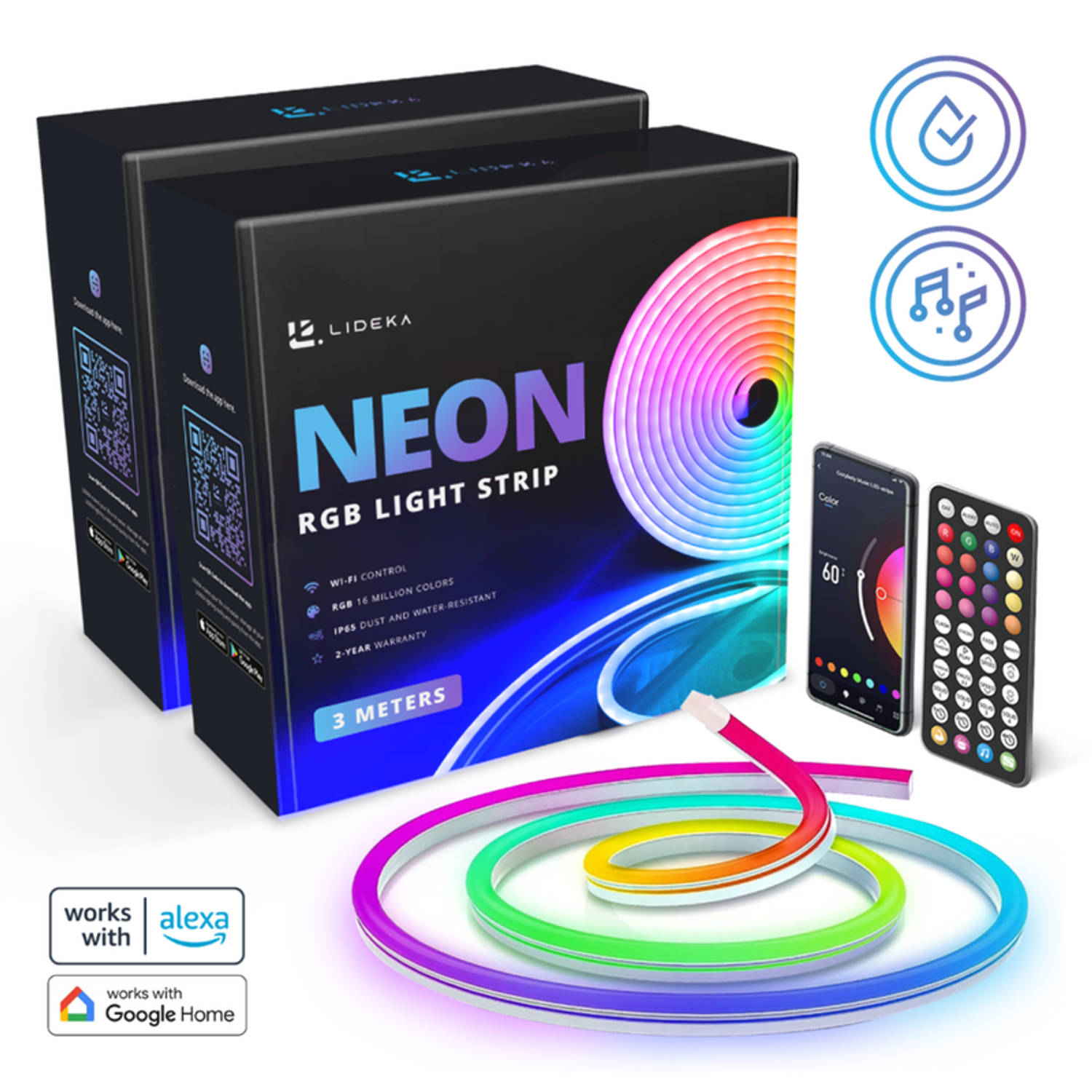 Lideka® Slimme NEON RGB LED strip van 6 meter - 16 miljoen kleurenopties - muziekoptie - uitgebreide top app - IP68 bescherming - compatibel met Google en Alexa - Moederdag cadeaut