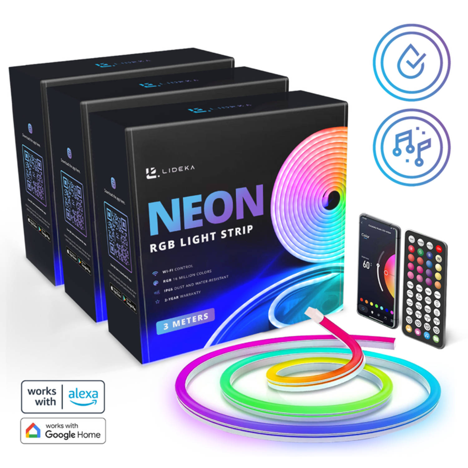 Lideka® - Slimme NEON RGB LED strip van 9m - 16 miljoen kleurenopties, muziekoptie en uitgebreide top app - IP68 bescherming - Google en Alexa compatibiliteit - Moederdag cadeautje