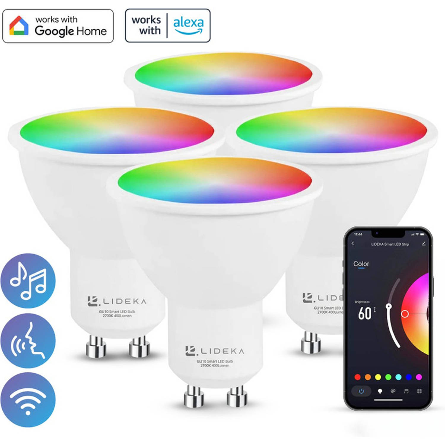 Lideka® - Slimme LED Smart Lampen - Spot GU10 - Set Van 4 - RGBW - met App - 6W - 400 Lumen - 2700K - 6500K - Smart LED Verlichting - Dimbaar - Google, Alexa en Siri