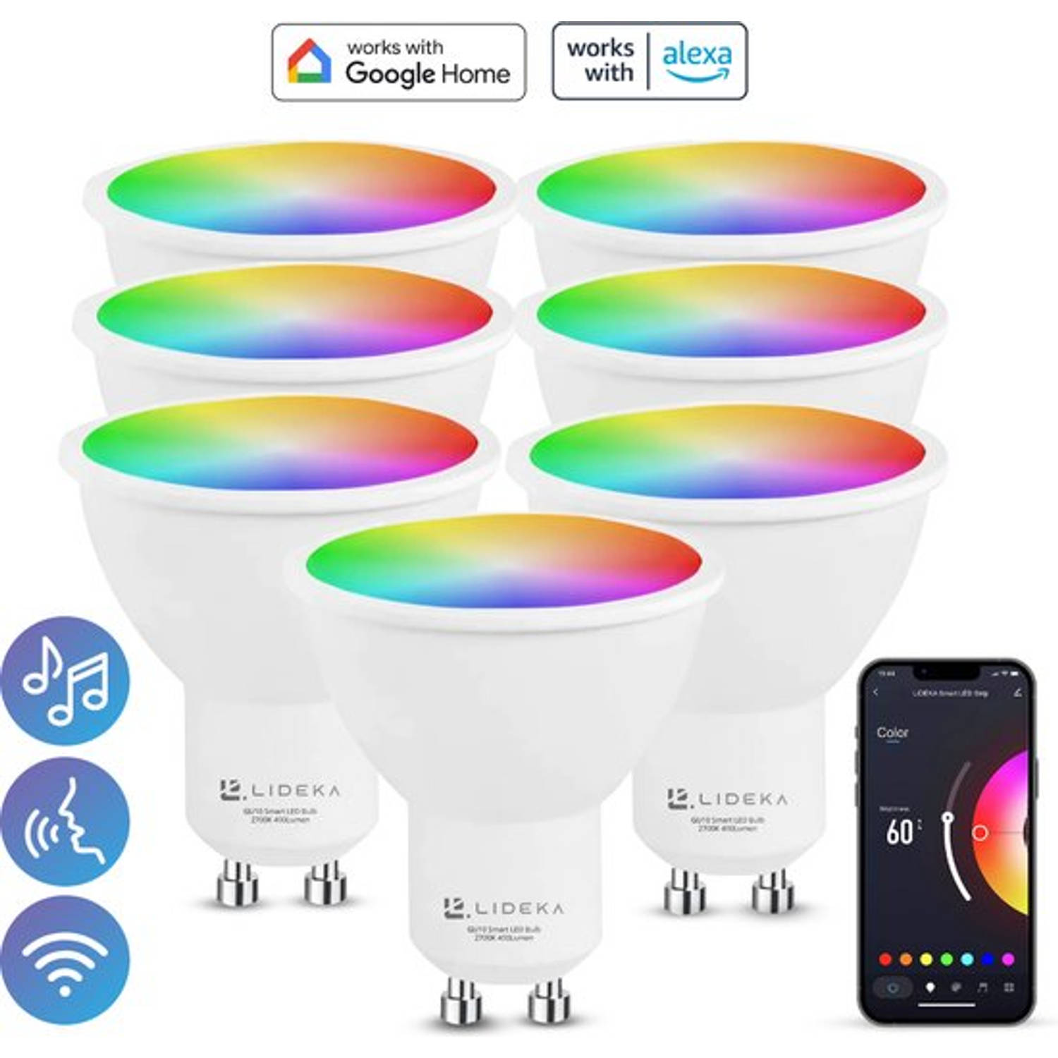 Lideka® Slimme LED Smart Lampen Spot GU10 Set Van 7 RGBW Google, Alexa en Siri