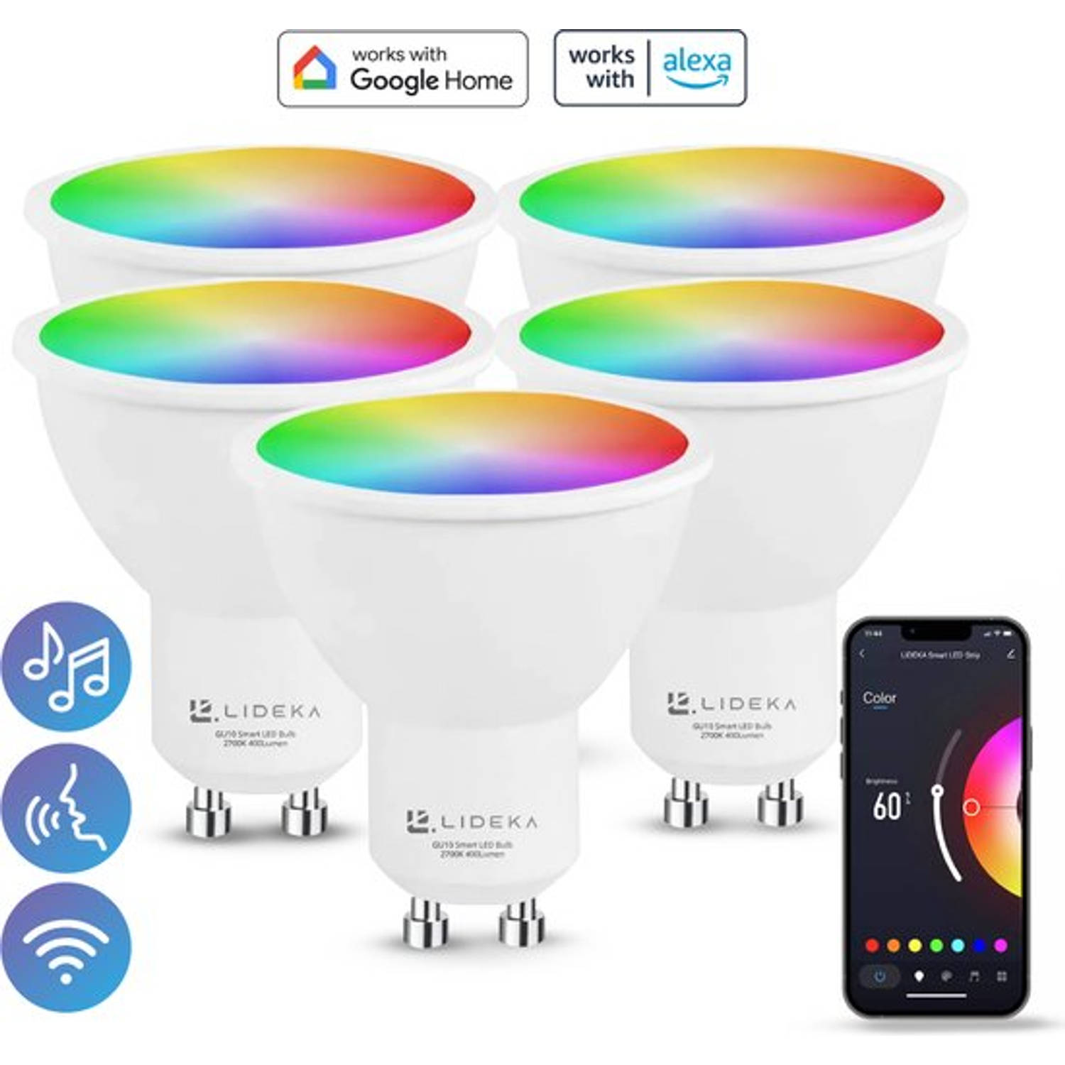 Lideka® Slimme LED Smart Lampen Spot GU10 Set Van 5 RGBW Google, Alexa en Siri