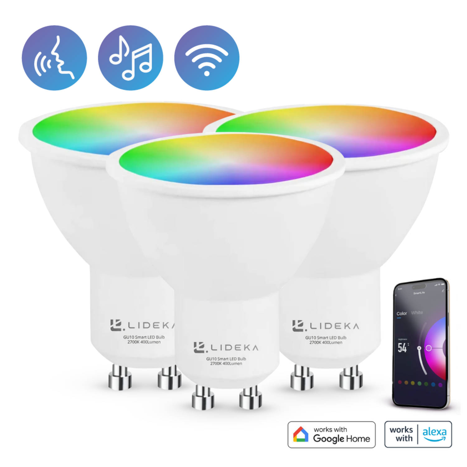 Lideka® - Slimme LED Smart Lampen - Spot GU10 - Set Van 3 - RGBW - met App - 6W - 400 Lumen - 2700K - 6500K - Smart LED Verlichting - Dimbaar - Google, Alexa en Siri