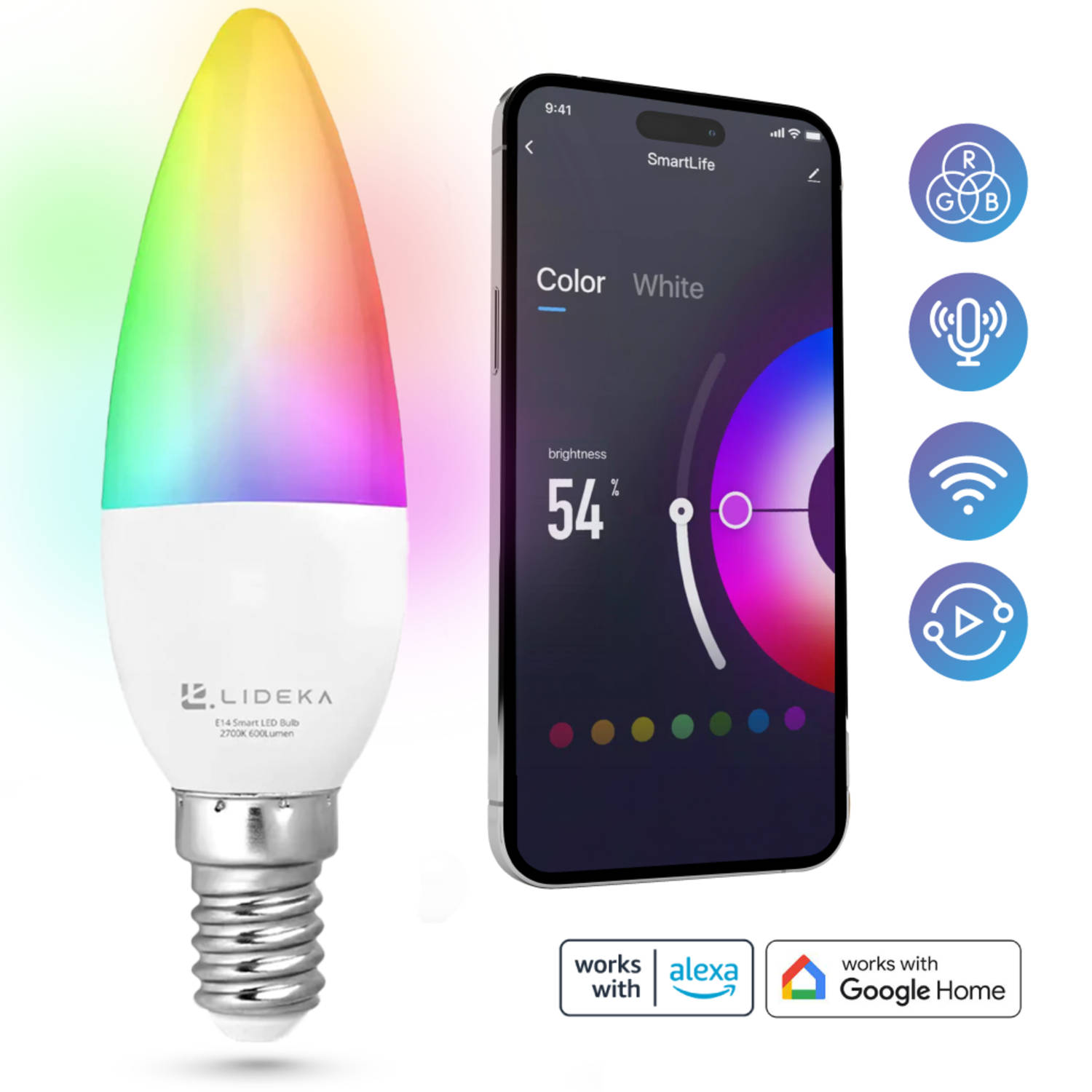Lideka® - Slimme LED Smart Lampen - E14 - RGBW - met App - 6W - 600 Lumen - 2700K - 6500K - Smart LED Verlichting - Dimbaar - Google, Alexa en Siri