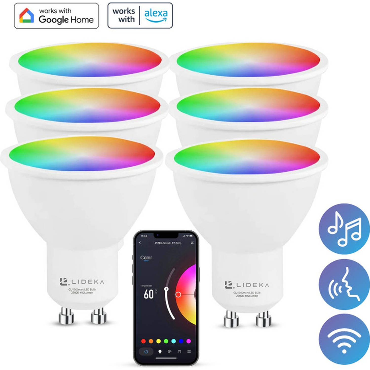 Lideka® Slimme LED Smart Lampen Spot GU10 Set Van 6 RGBW Google, Alexa en Siri
