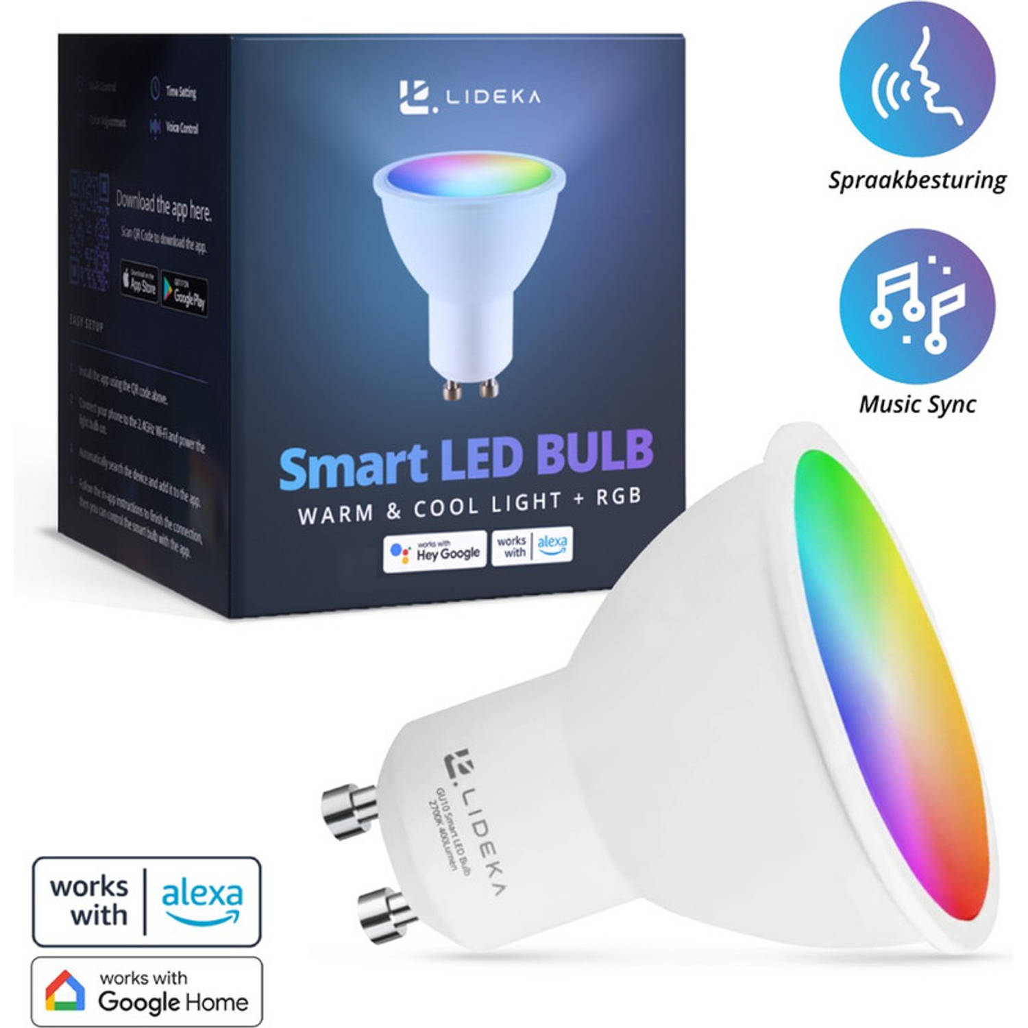 Lideka® - Slimme LED Smart Lampen - Spot GU10 - RGBW - met App - 6W - 400 Lumen - 2700K - 6500K - Smart LED Verlichting - Dimbaar - Google, Alexa en Siri