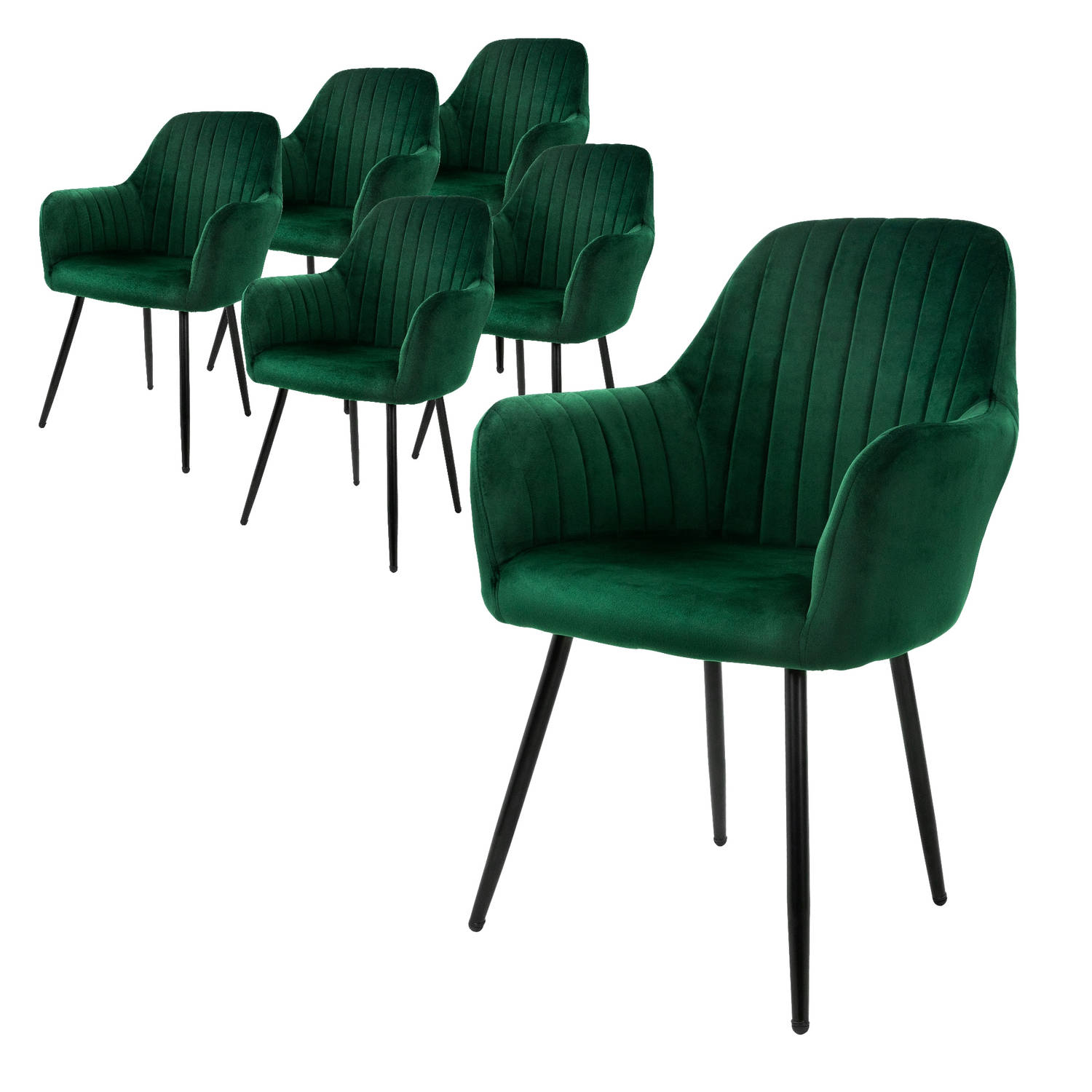 ML-Design set van 6 eetkamerstoelen met rugleuning en armleuningen, groen, keukenstoelen met fluwelen bekleding, gestoffeerde stoelen met metalen poten, ergonomische stoelen voor e