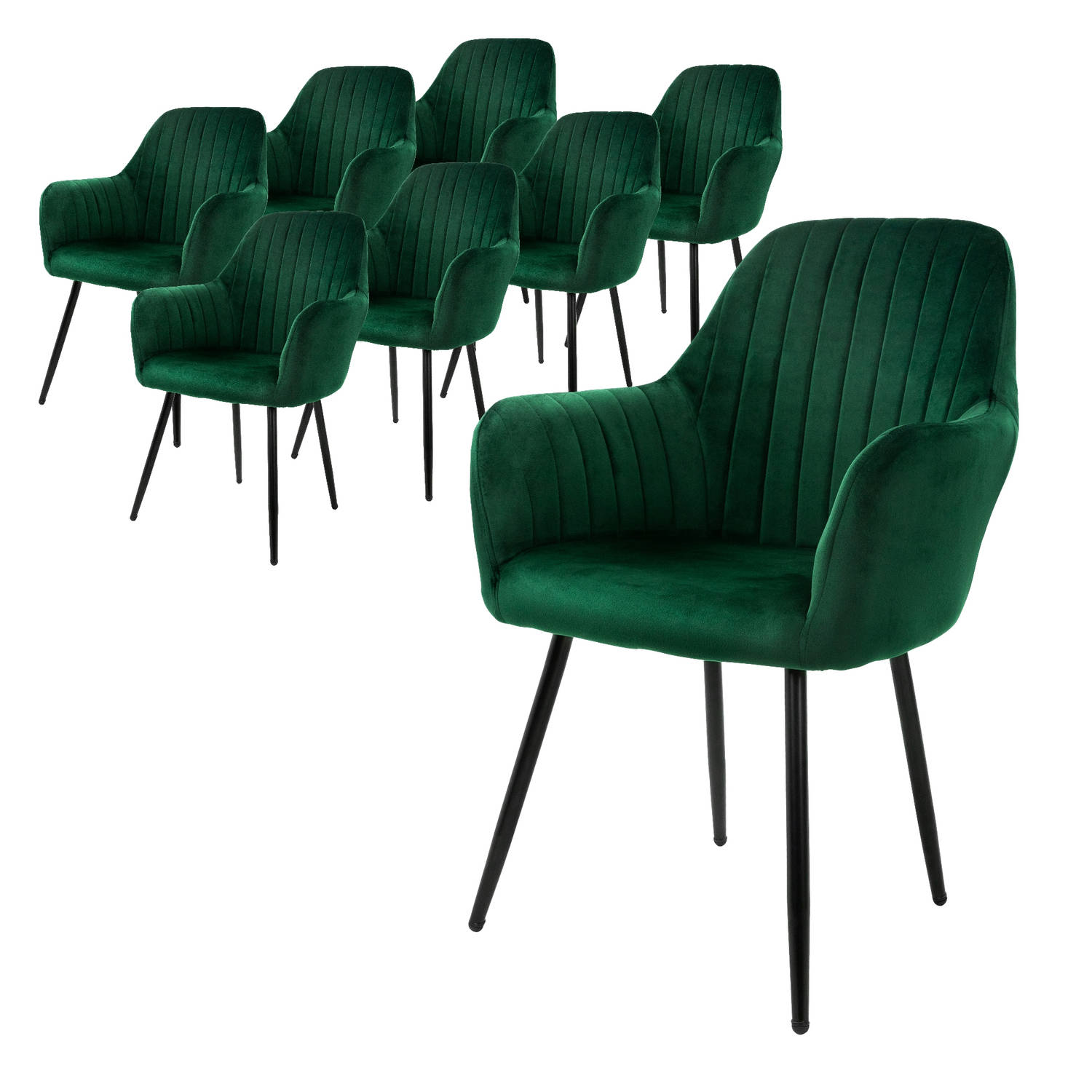 ML-Design set van 8 eetkamerstoelen met rugleuning en armleuningen, groen, keukenstoelen met fluwelen bekleding, gestoffeerde stoelen met metalen poten, ergonomische stoelen voor e