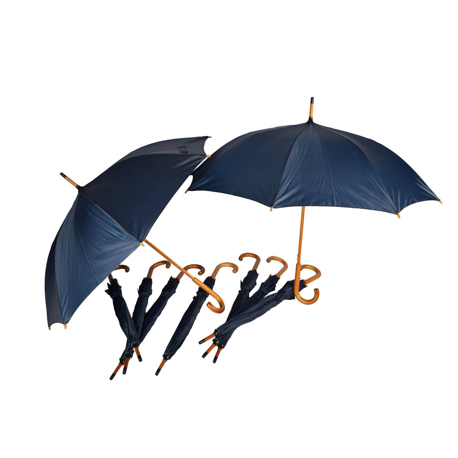 Voordelpak: Set van 9 Stijlvolle Navy Blauwe Automatische Paraplu voor Volwassenen - met Houten Handvat | 98cm Diameter | Waterdicht en Windproof