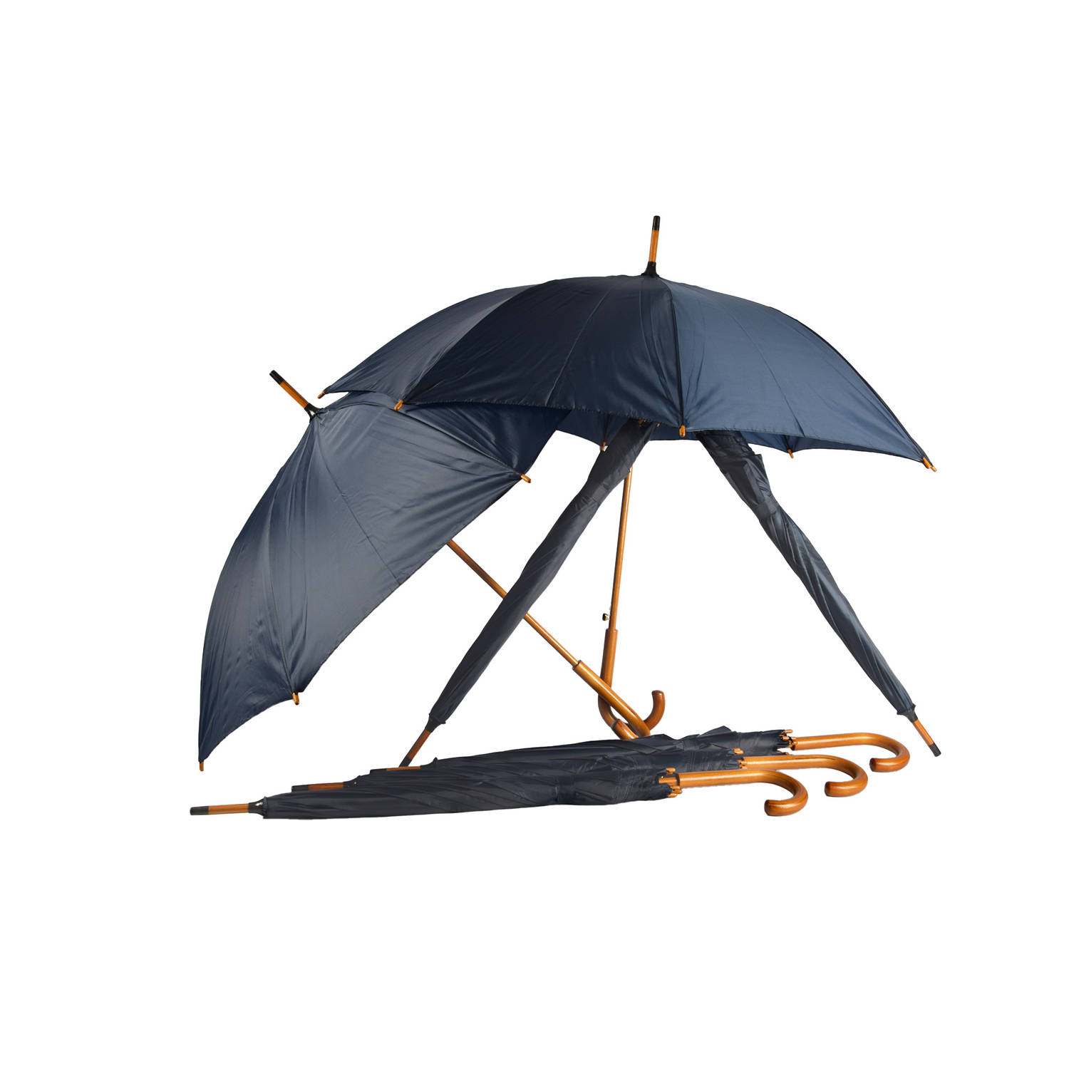 Set van 7 Navy Blauwe Automatische Paraplu’s met Houten Handvat | Waterdicht en Windproof | 98cm Diameter