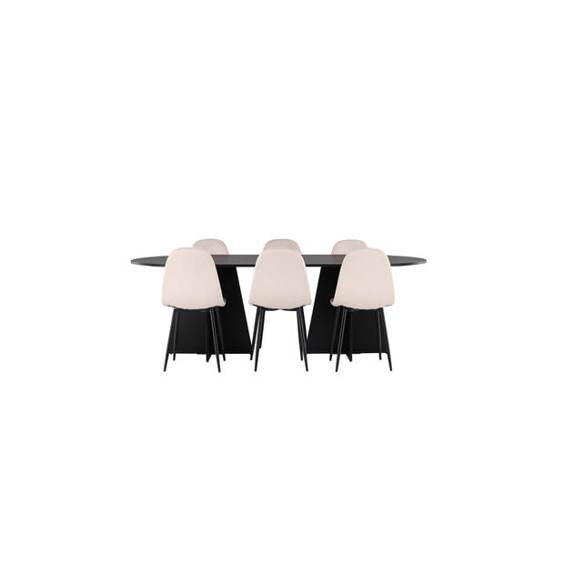 Bootcut eethoek tafel zwart en 6 Polar stoelen beige.