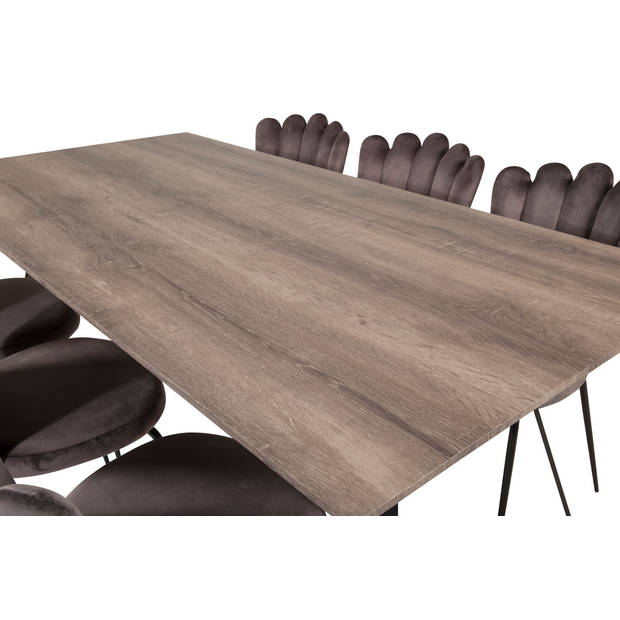 MarinaGRBL eethoek eetkamertafel el hout decor grijs en 6 Limhamn eetkamerstal velours grijs.