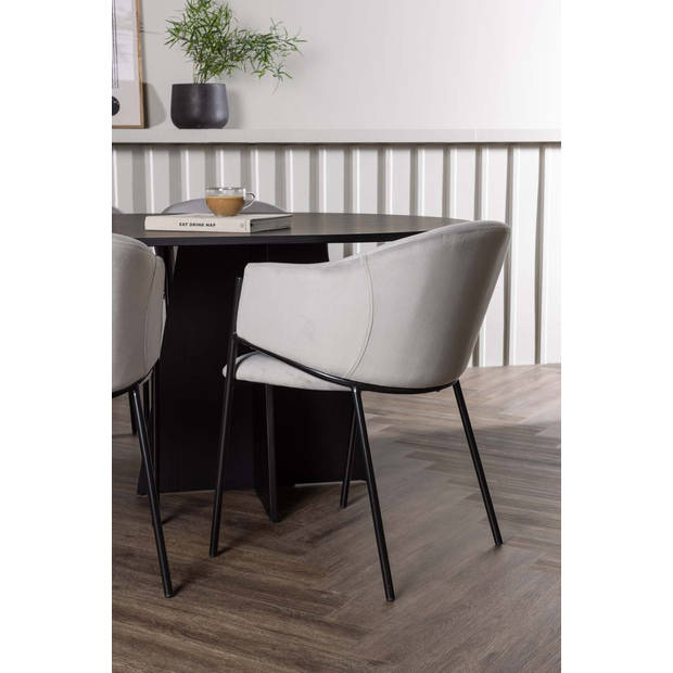 Bootcut eethoek tafel zwart en 6 Evelina stoelen grijs.