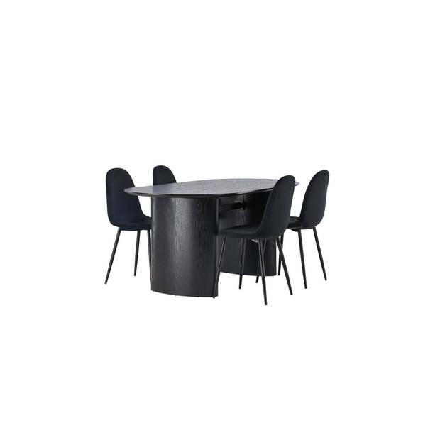 Isolde eethoek tafel zwart en 4 Polar stoelen zwart.