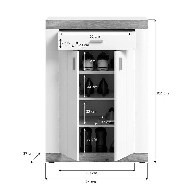 Laredo schoenenkast 2 deuren, 1 lade 73x104cm mat wit,eik decor,wit.