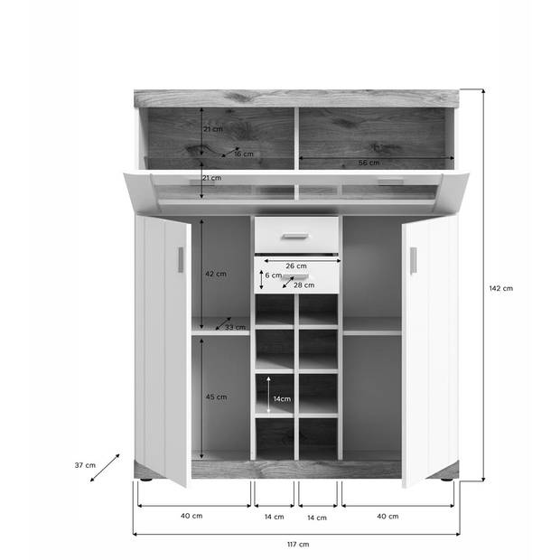 Laredo vitrinekast barkastje 2 deuren, 1 klep, 2 laden, 8 ruimte mat wit,eik decor,wit.