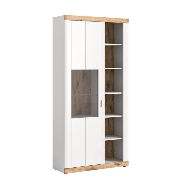 Laredo vitrinekast 1 deur, 5 planken mat wit,eik decor,wit.