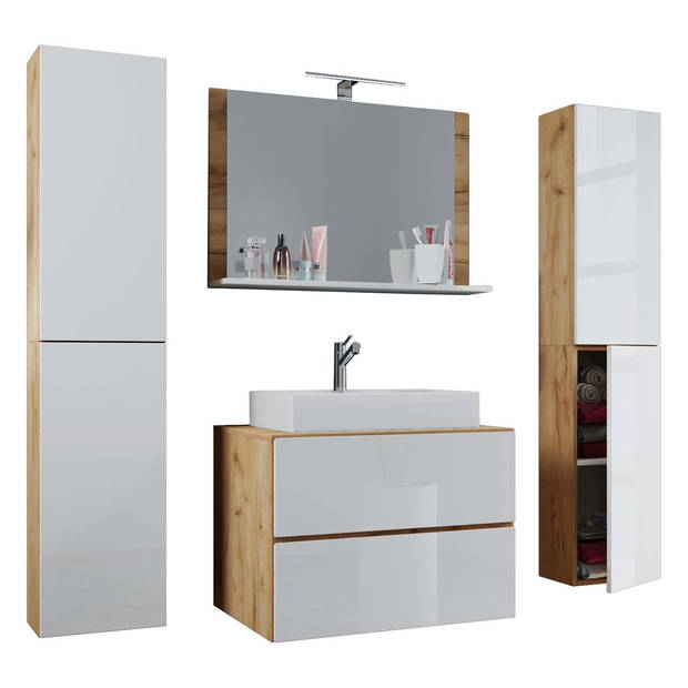LendasXL badkamer 60 cm, spiegel, honing eik decor,wit.