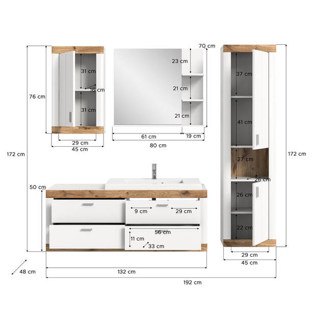 Laredo badkamer 192cm wit,mat wit,eik decor.