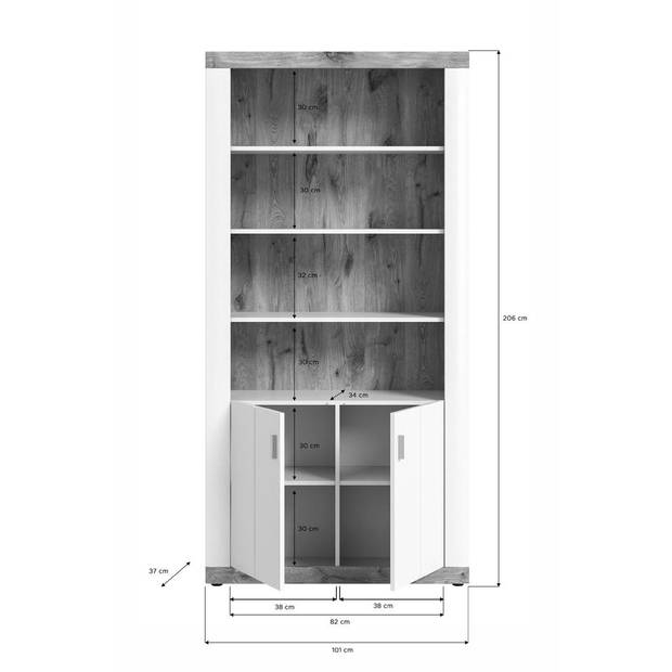 Laredo wandkast 2 deuren, 3 planken mat wit,eik decor,wit.