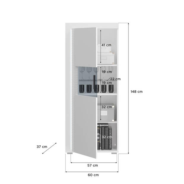 Skylight wandkast systeem 4 delen met licht hoog glans wit, wit, glas grijs.