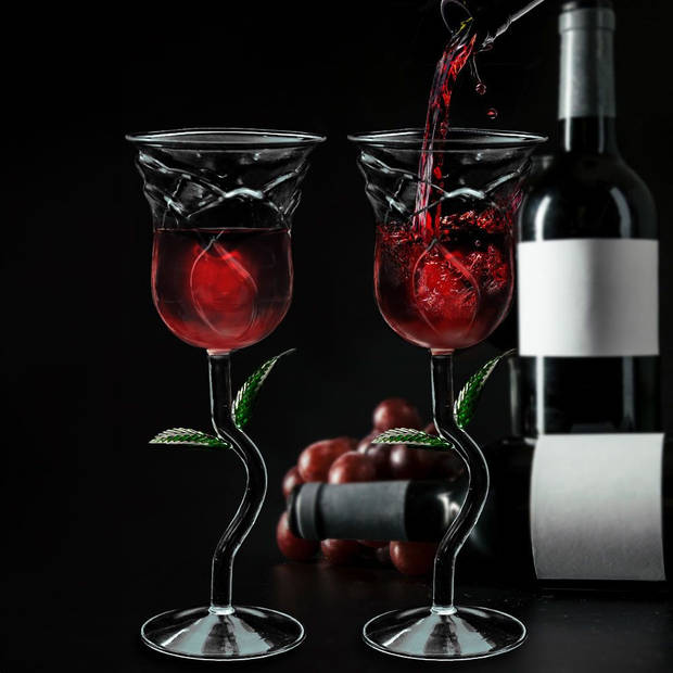 Wijnglazen - In de vorm van een roos - Set van 2 - 8 x 22,5 cm - 200 ml - Leuke wijnglazen - Wijn accessoire