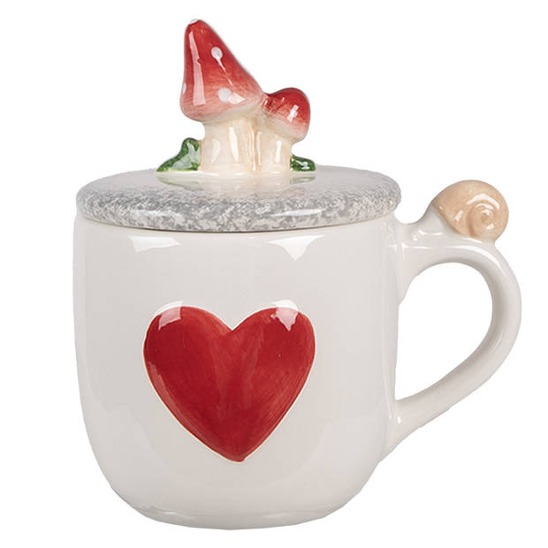 Clayre & Eef Mok 400 ml Wit Rood Keramiek Paddenstoelen Koffiemok Wit Koffiemok