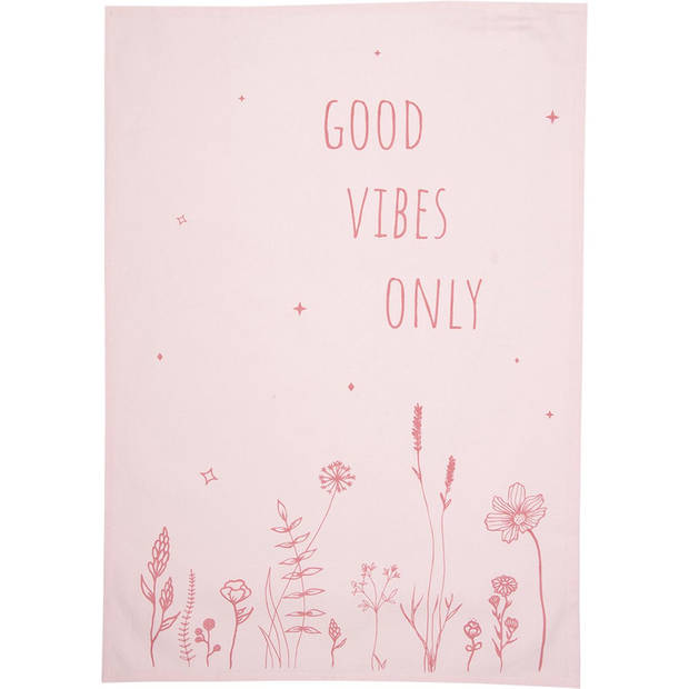 Clayre & Eef Theedoek 47x70 cm Roze Katoen Bloemen GOOD VIBES ONLY Keukenhanddoek Roze Keukenhanddoek