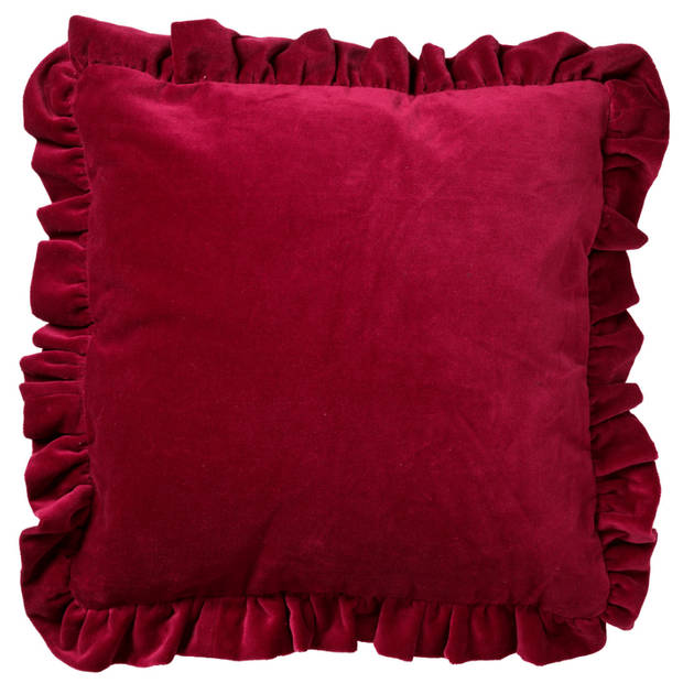 Dutch Decor - YARA - Kussenhoes 45x45 cm - 100% katoen - velvet - met ruches - Red Plum - donkerroze