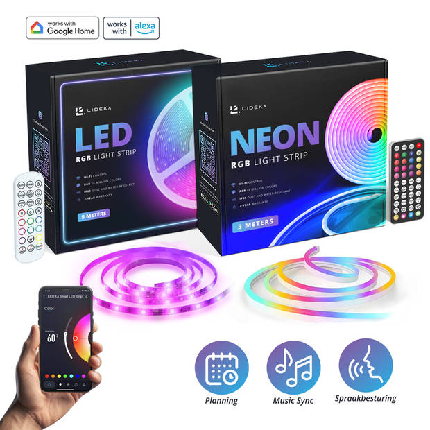 Lideka Slimme NEON RGB LED Strip 3 Meter + RGB LED Strip 5 Meter